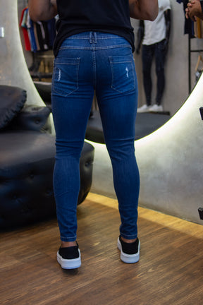 Calça jeans linha premium modelagem slim Azul  com detalhes Destroyd