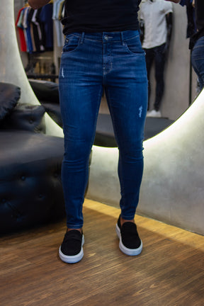 Calça jeans linha premium modelagem slim Azul  com detalhes Destroyd